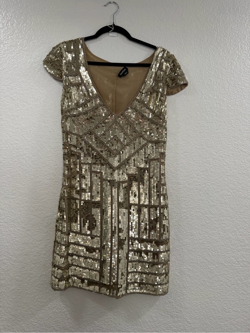 bebe Gold Sequin V-Neck Mini Dress